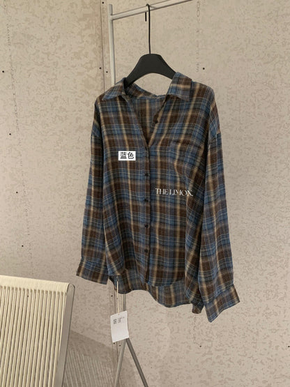 【L11087】檸檬早秋新款慵懶輕質感格紋寬鬆顯瘦長袖襯衫260728
