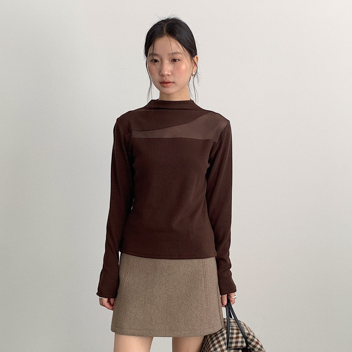 【LD11024】實拍氣質網紗拼接加絨半高領長袖T恤251124