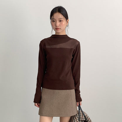 【LD11024】實拍氣質網紗拼接加絨半高領長袖T恤251124