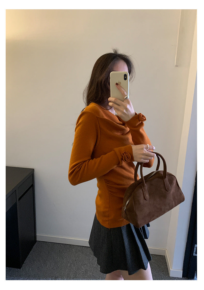 【H5487】實拍秋冬褶皺露肩針織衫251109