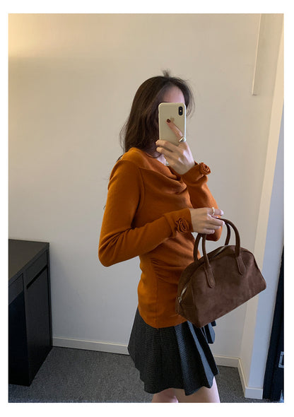 【H5487】實拍秋冬褶皺露肩針織衫251109