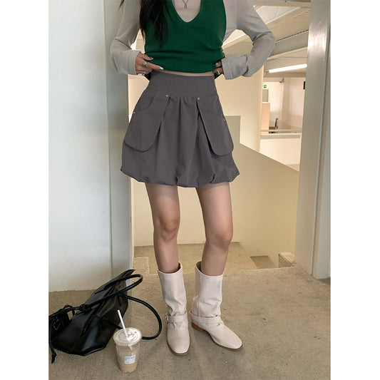 【H5419】實拍韓系美少女工裝褶皺高腰花苞裙250909