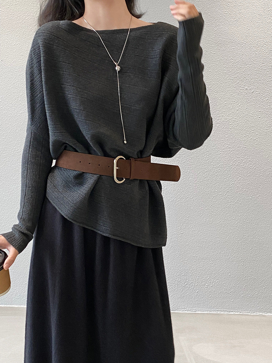 【cim9033】實拍韓系高級感長袖斜肩針織衫＋腰帶251030