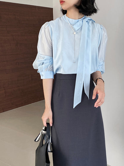 【cimz1186】韓系知性通勤🤍質感蝴蝶結飄帶天絲半高領長袖襯衫260319
