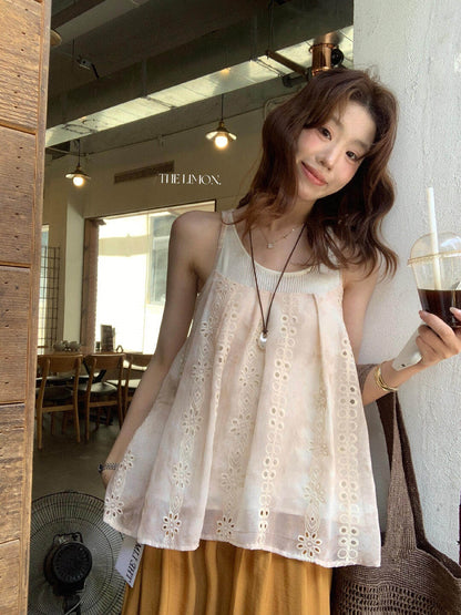 【L10690】夏日精緻女孩✨時髦鏤空刺繡工藝百搭休閒細肩帶上衣260511