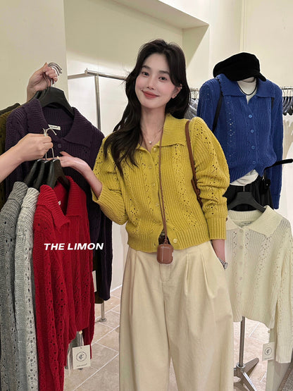 【LSC1072】檸檬簍空polo領針織開衫251117