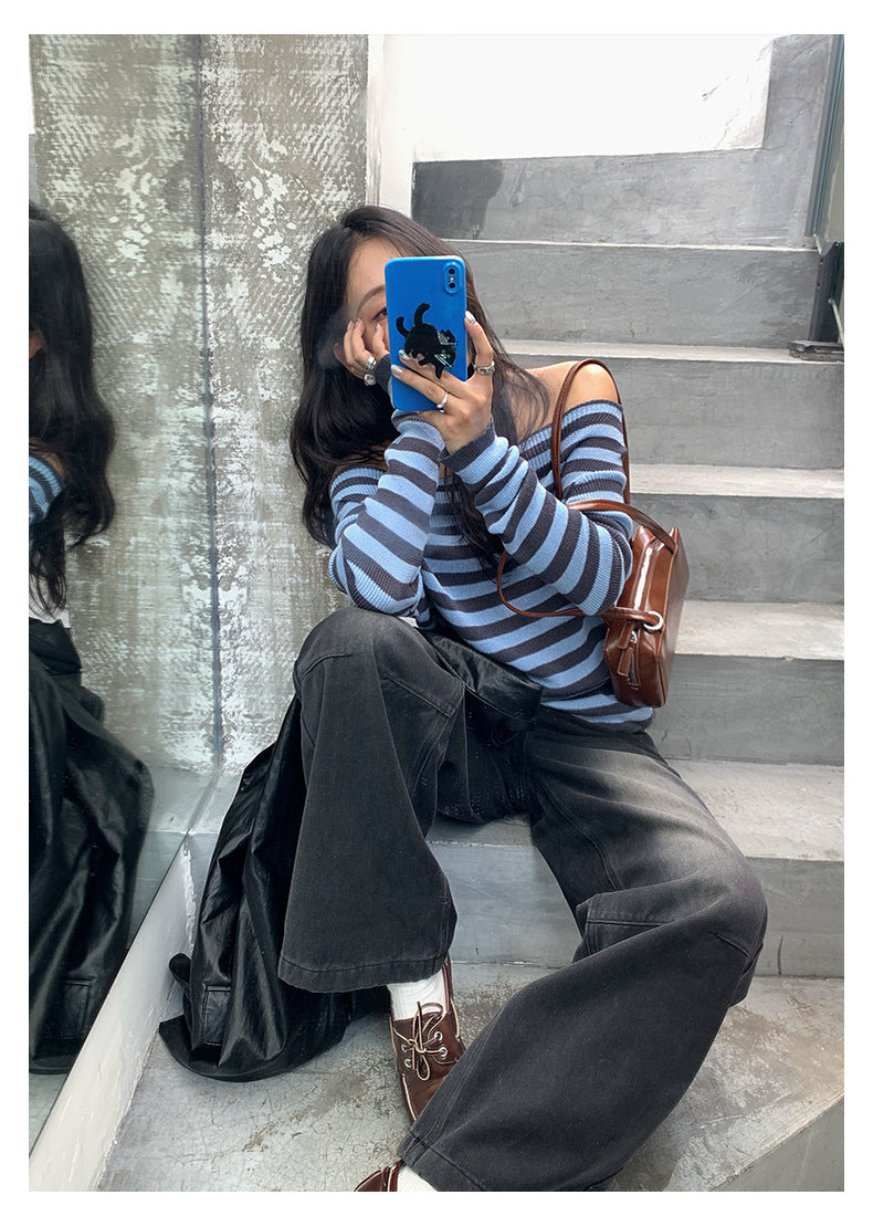 【H5399】實拍韓系簡約氣質一字領露肩針織衫250902