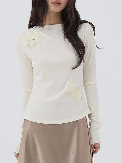 【LD3277】實拍立體花朵長袖一字領T恤251103