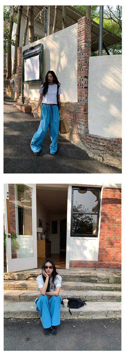 【H5164】實拍夏天舒適休閒格紋寬鬆闊腿褲抽繩鬆緊腰250407
