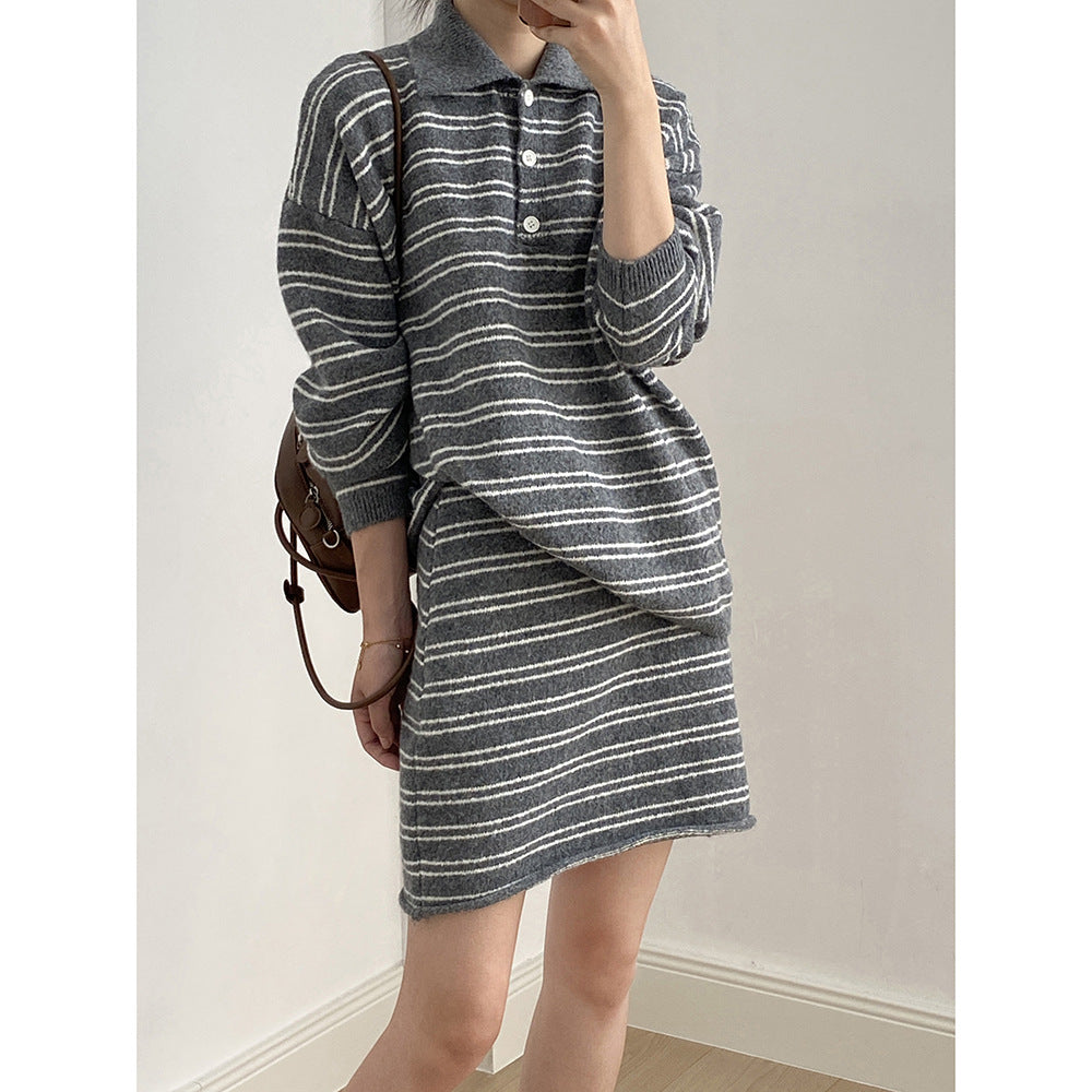 【YP6619】實拍復古條紋毛衣＋針織短裙(含羊毛6%)  套裝251023