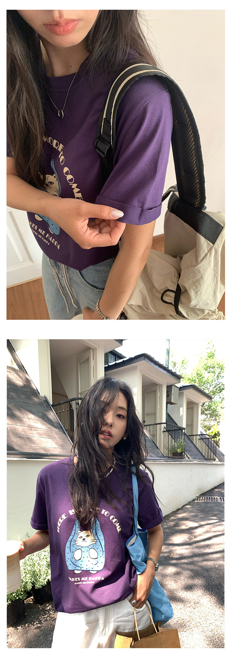 【H5165】實拍夏天帶一隻貓咪出門印花寬鬆短袖250407