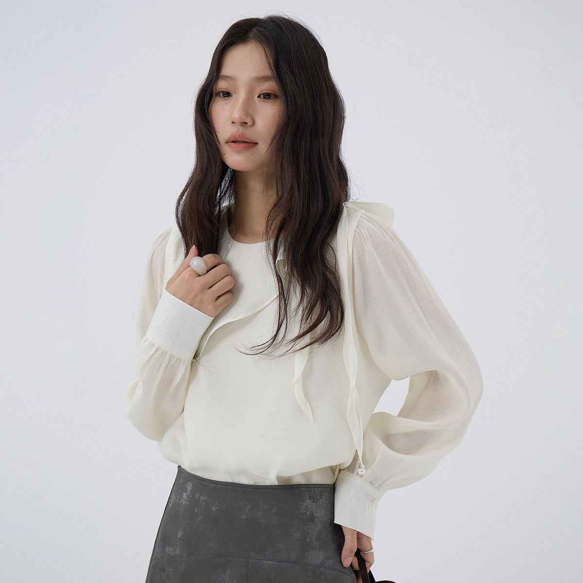 【LD3290】實拍法式釘珠蝴蝶結天絲雪紡襯衫251103