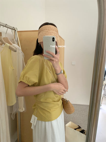 【LTM1057】實拍檸檬夏法式褶皺棉麻後背綁帶襯衫250519