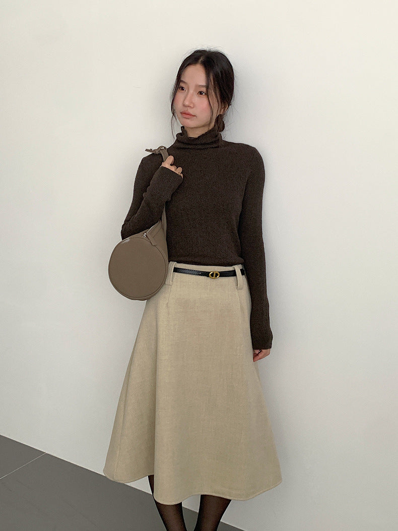 【LD11070】實拍氣質毛呢A字傘裙＋腰帶251209