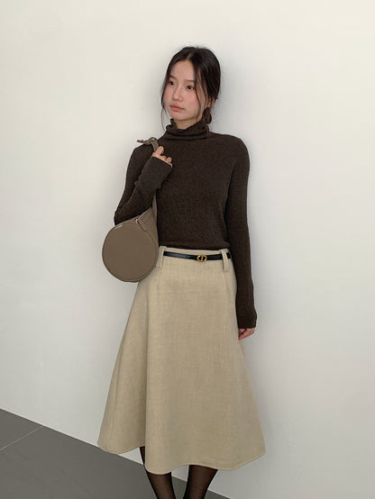 【LD11070】實拍氣質毛呢A字傘裙＋腰帶251209