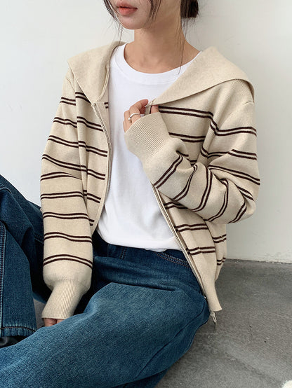 【LD11036】實拍雙頭拉鍊海軍領條紋針織開衫251202