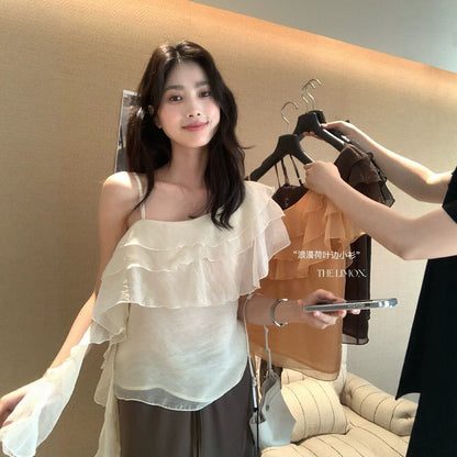【L10577】法式慵懶微性感💋百搭顯瘦設計感荷葉邊斜肩無袖上衣

260602
