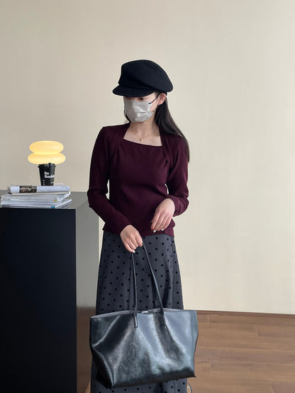 【cimYL1092】實拍方領顯瘦毛衣女假兩件氣質長袖針織衫241030