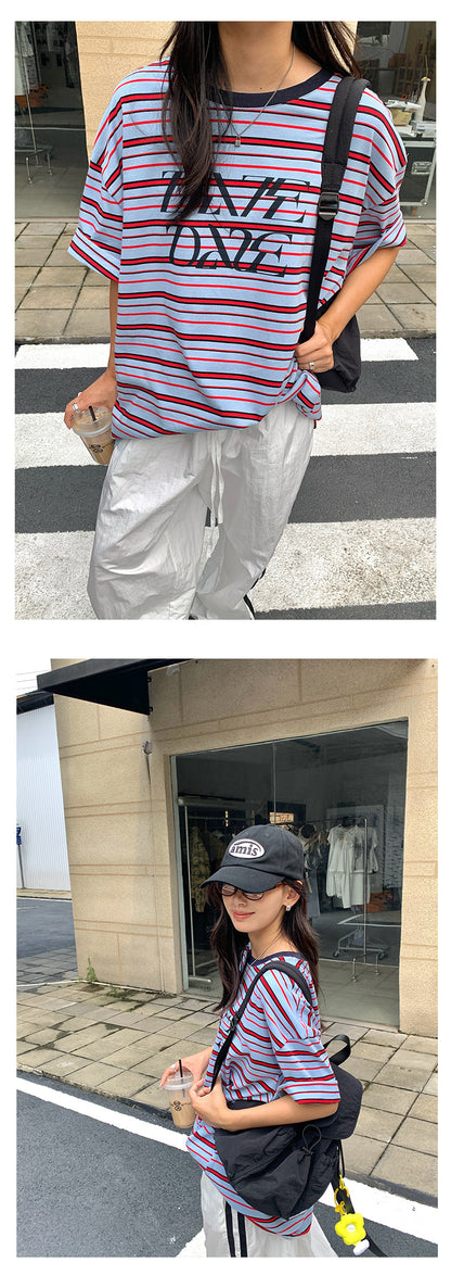 【H5258】實拍夏季韓系條紋撞色圓領T恤250513