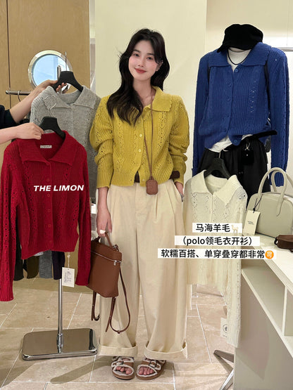 【LSC1072】檸檬簍空polo領針織開衫251117