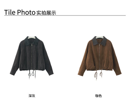【H556】實拍復古皮領麂皮絨短版外套251007
