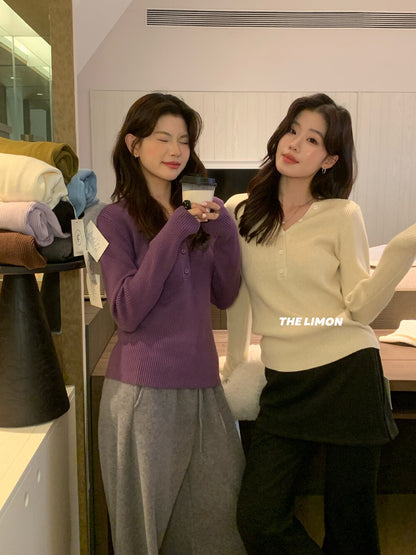 【L99909】檸檬秋冬超修身V領纽扣長袖針織衫251117