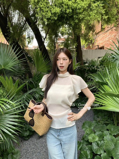 【L123W】法式溫柔氣質🌸設計感飛飛袖收腰立領短袖上衣260518