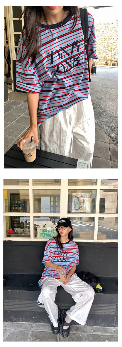 【H5258】實拍夏季韓系條紋撞色圓領T恤250513