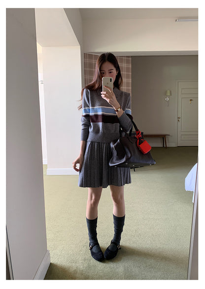 【H5518】實拍復古中性條紋針織衫＋針織百褶裙251125