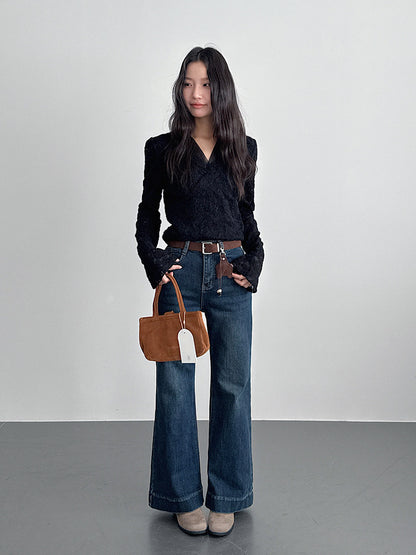 【LD3295】實拍法式喇叭袖加絨蕾絲衫251103