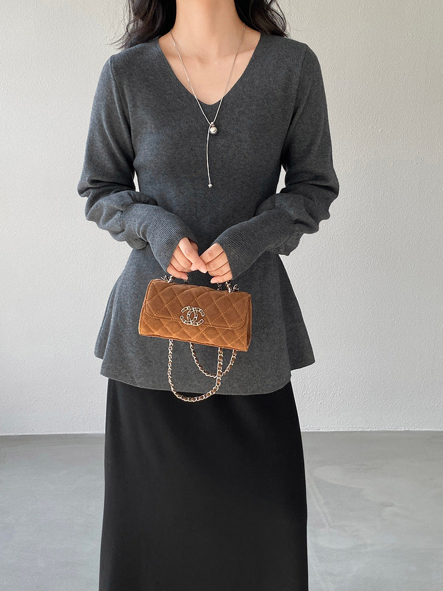 【cimz6652】實拍氣質半高領/V領燈籠袖極簡氣質針織衫251128