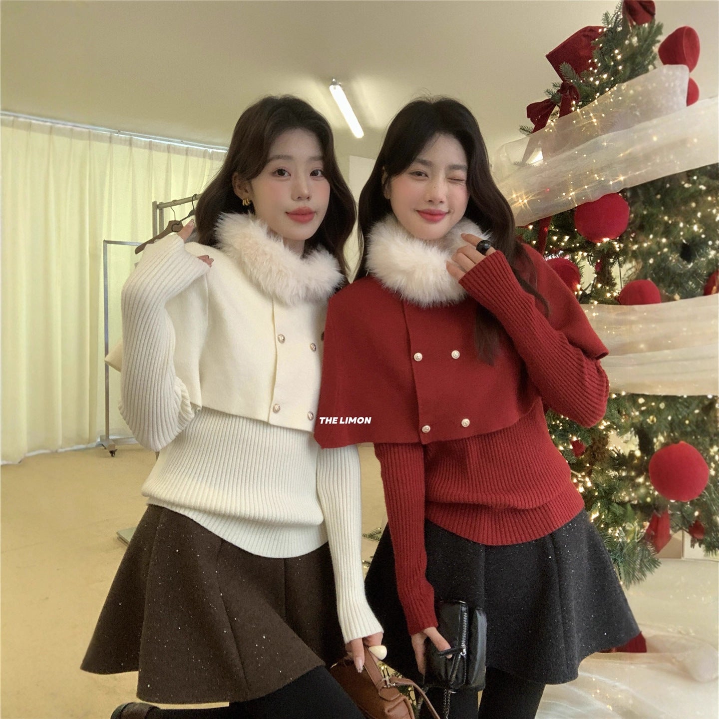 【LNM8377】實拍檸檬秋冬毛領斗篷＋坑條針織 2件套251215