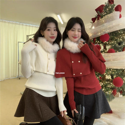 【LNM8377】實拍檸檬秋冬毛領斗篷＋坑條針織 2件套251215