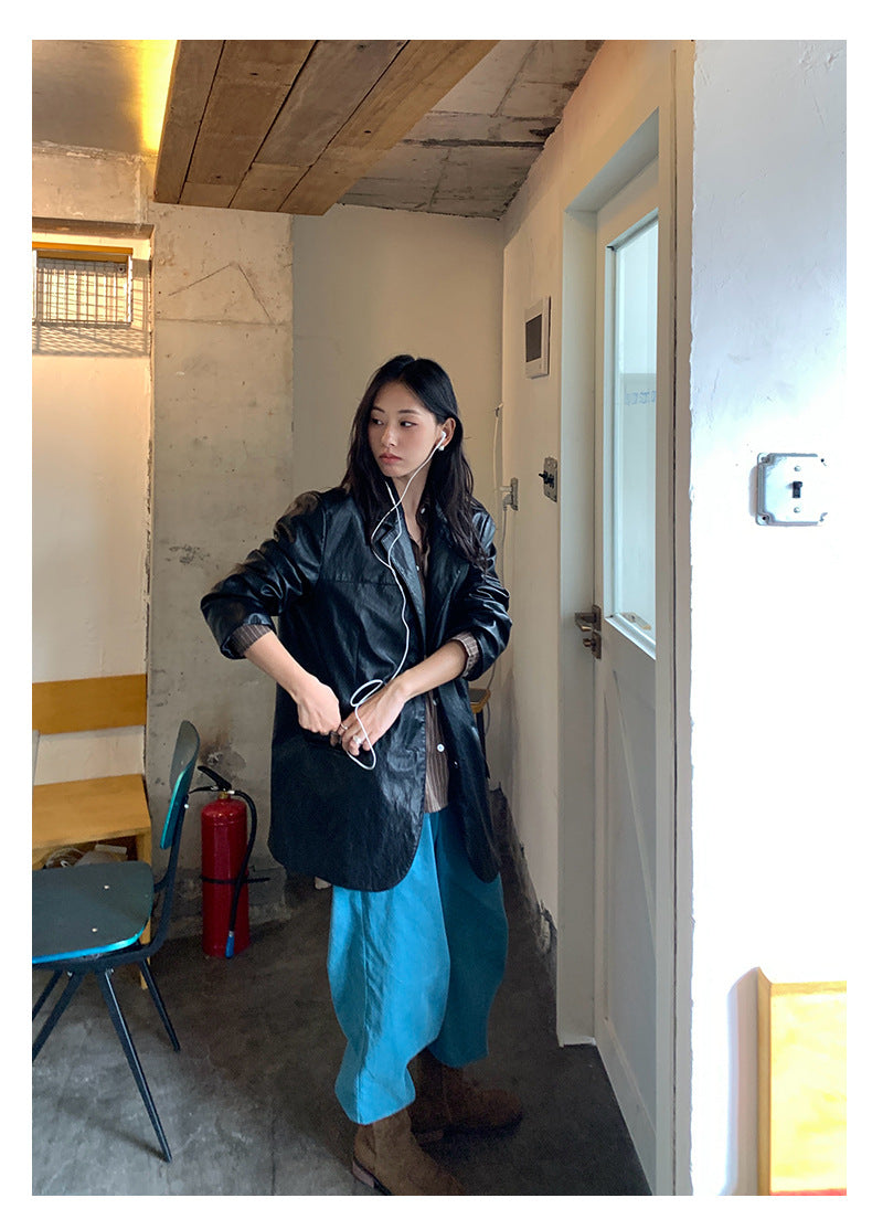 【H5398】實拍韓系高級感黑色皮衣西裝外套250902