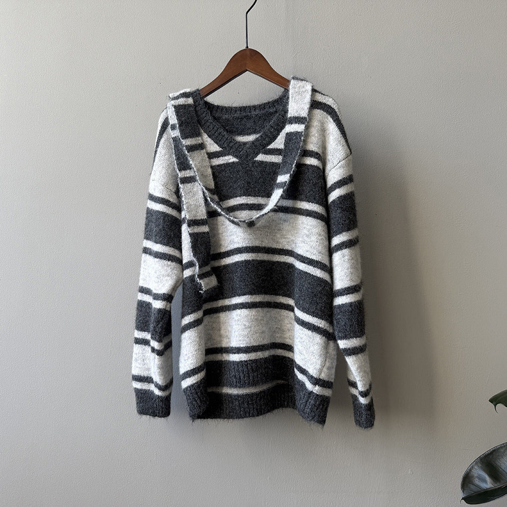 【Y25109】 實拍慵懶條紋V領毛衣＋圍巾(含羊毛3%) 251023