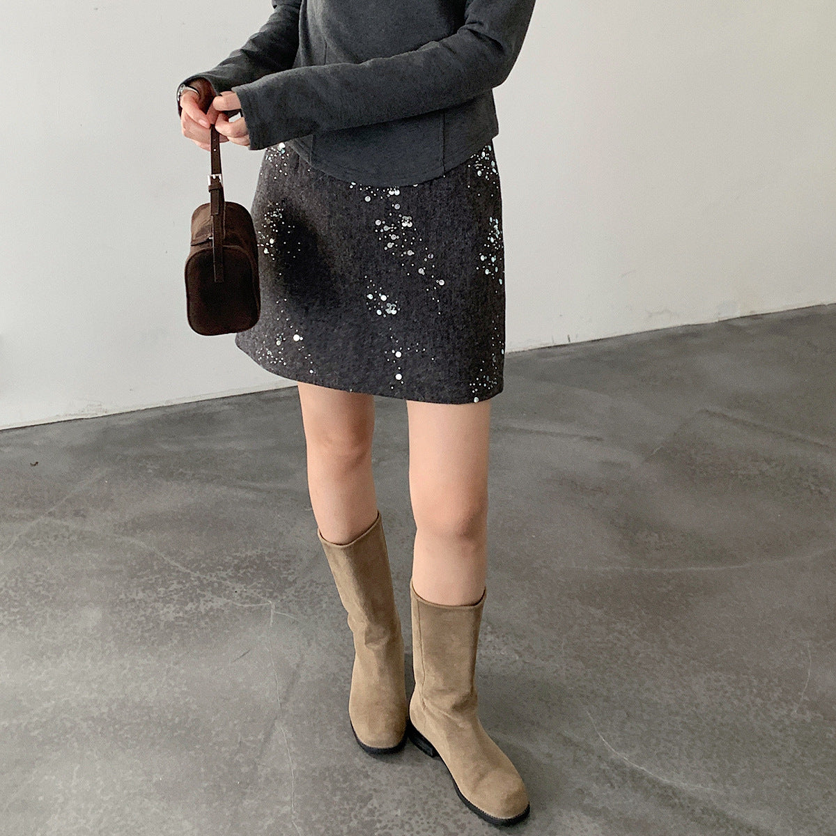 【LD11045】實拍S~XL法式重工時髦毛呢亮片短裙251202