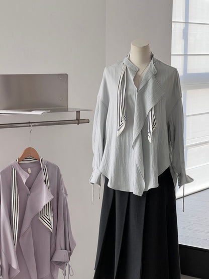 【cimz1766】實拍春日小蒼蘭🌸浪漫輕法式附絲巾綁帶寬鬆百搭襯衫260311