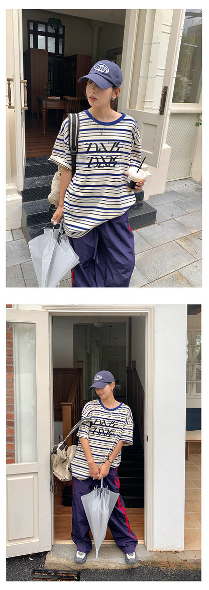 【H5258】實拍夏季韓系條紋撞色圓領T恤250513