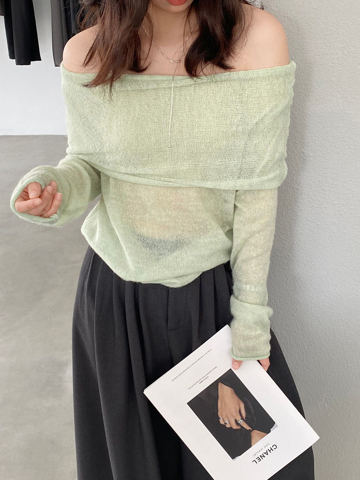 【cimzF632】微性感慵懶風💜羊毛10%一字肩顯瘦露肩長袖針織衫260319