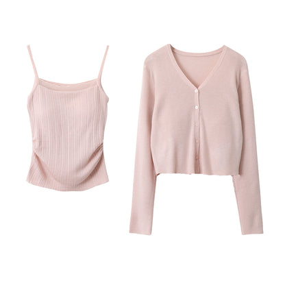 【LD11153】實拍仙氣顯瘦！輕薄透氣短版針織罩衫+小背心（含胸墊）套裝260309