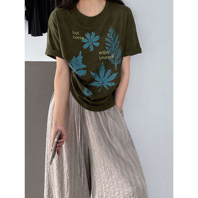 【cimz1973】夏日森林系女孩🍃韓系復古樹葉印花寬鬆高級感短袖T恤260709