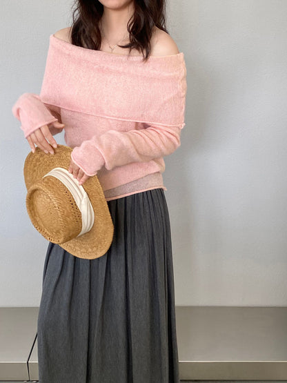 【cimzF632】微性感慵懶風💜羊毛10%一字肩顯瘦露肩長袖針織衫260319