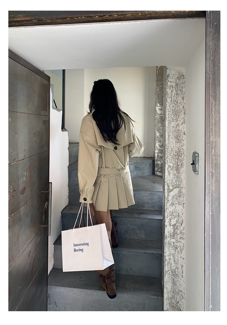 【H5400】實拍韓系慵懶卡其立領收腰風衣外套250902