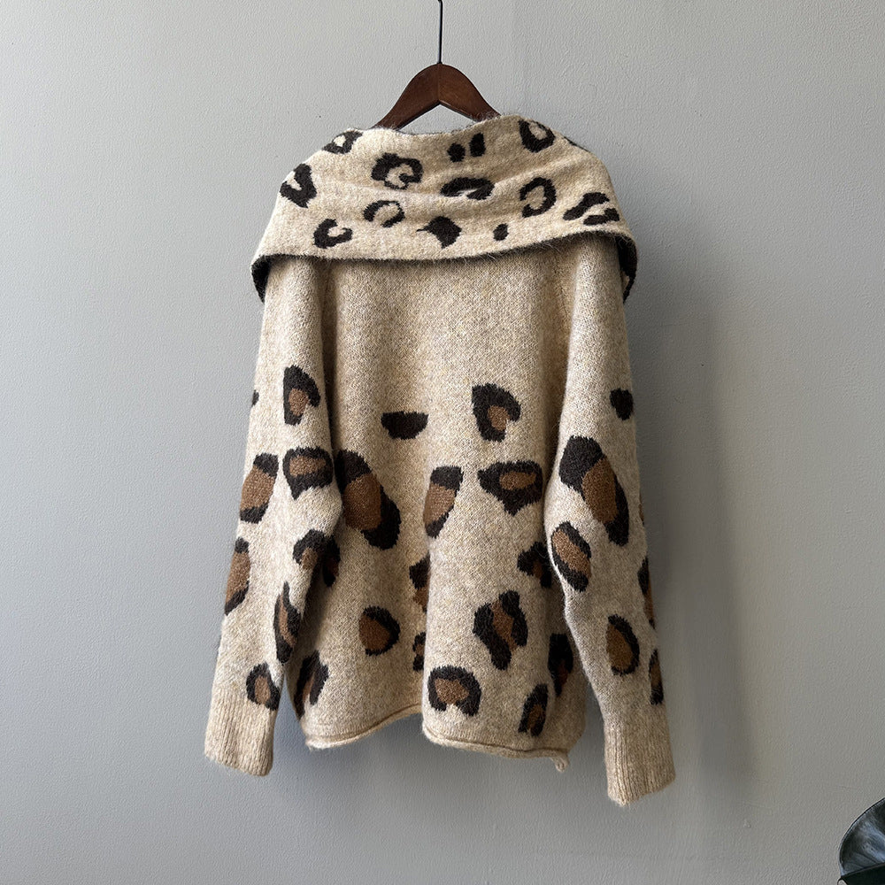 【YP2598】 實拍秋冬慵懶豹紋開衫毛衣+圍巾（含羊毛3%)251023