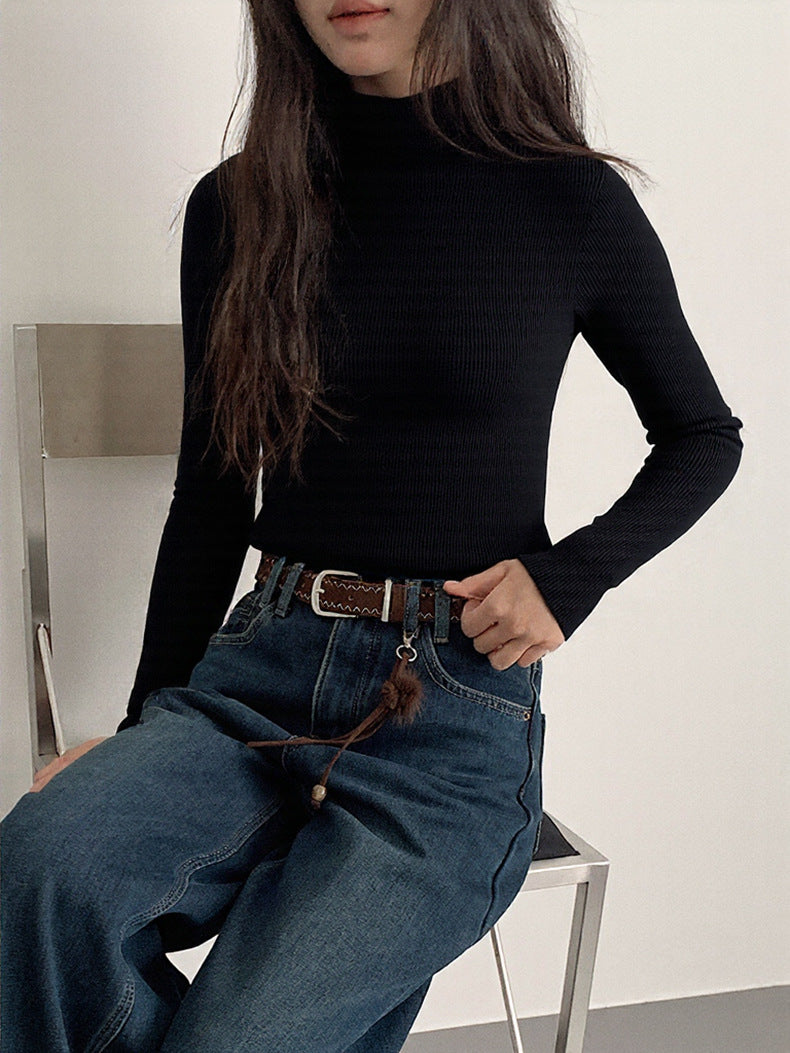 【LD11061】實拍紗網肌理超彈高領修身打底T恤251209