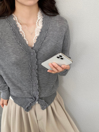 【cimz5643】韓系清新氧氣感🍃寬鬆顯瘦木耳邊V領花邊薄款針織上衣260319