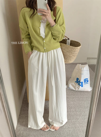 【L8501】實拍檸檬簡約舒適抽繩闊腿褲250414