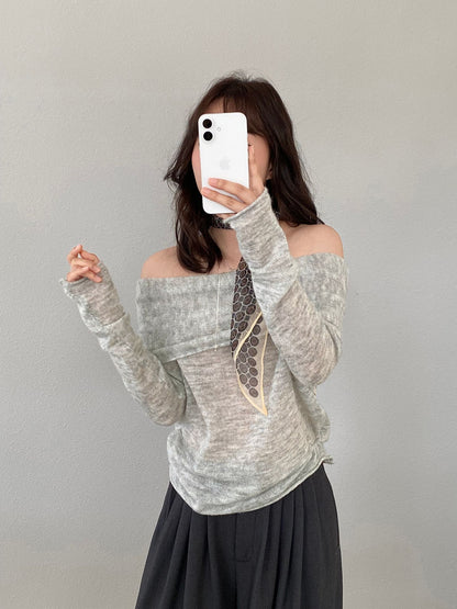 【cimzF632】微性感慵懶風💜羊毛10%一字肩顯瘦露肩長袖針織衫260319