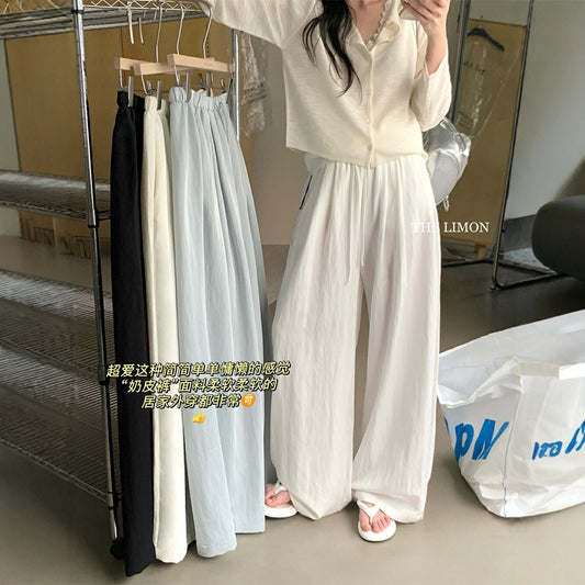 【L8501】實拍檸檬簡約舒適抽繩闊腿褲250414