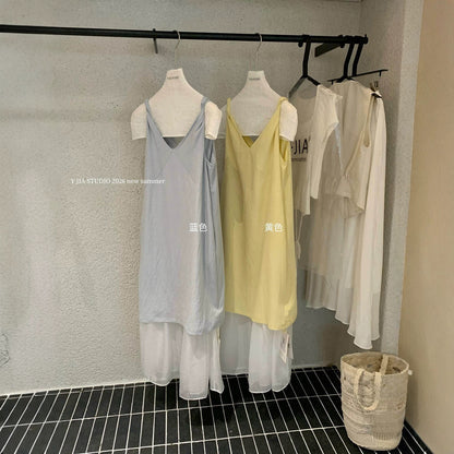 【L7003】Y.JIA韓系簡約休閒風✨百搭寬鬆顯瘦假兩件V領無袖連身洋裝260602